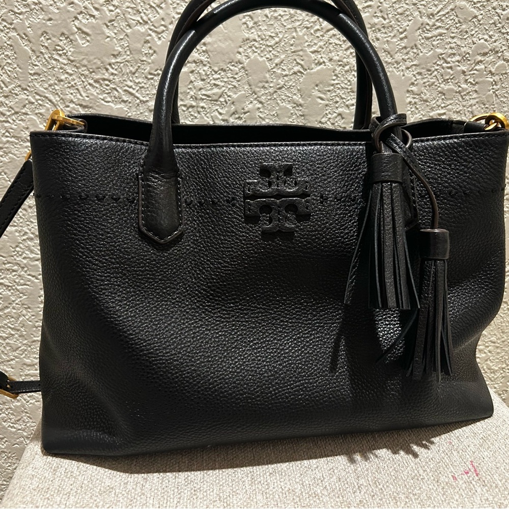 Tory Burch Black Pebbled Leather Tote with Tassel
